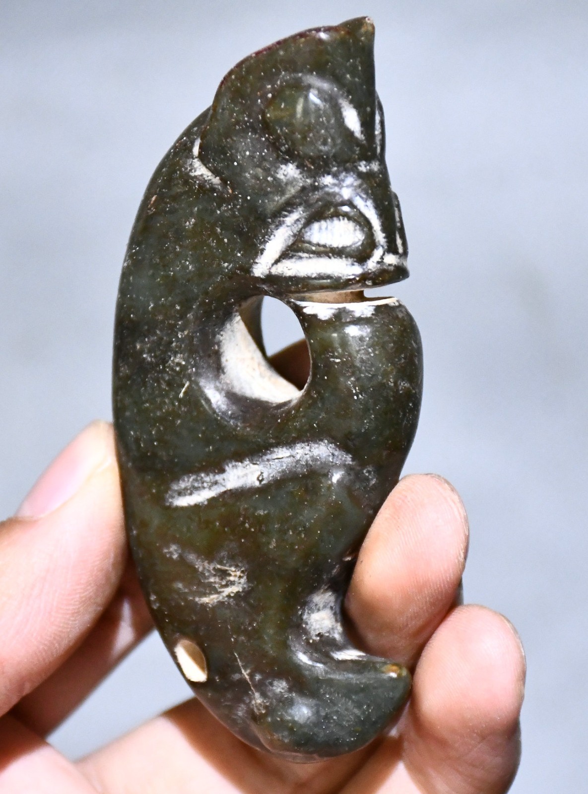 3”China Hongshan Culture Carved Yu Pig Dragon Hook Gou Bird Head Amulet Pendant