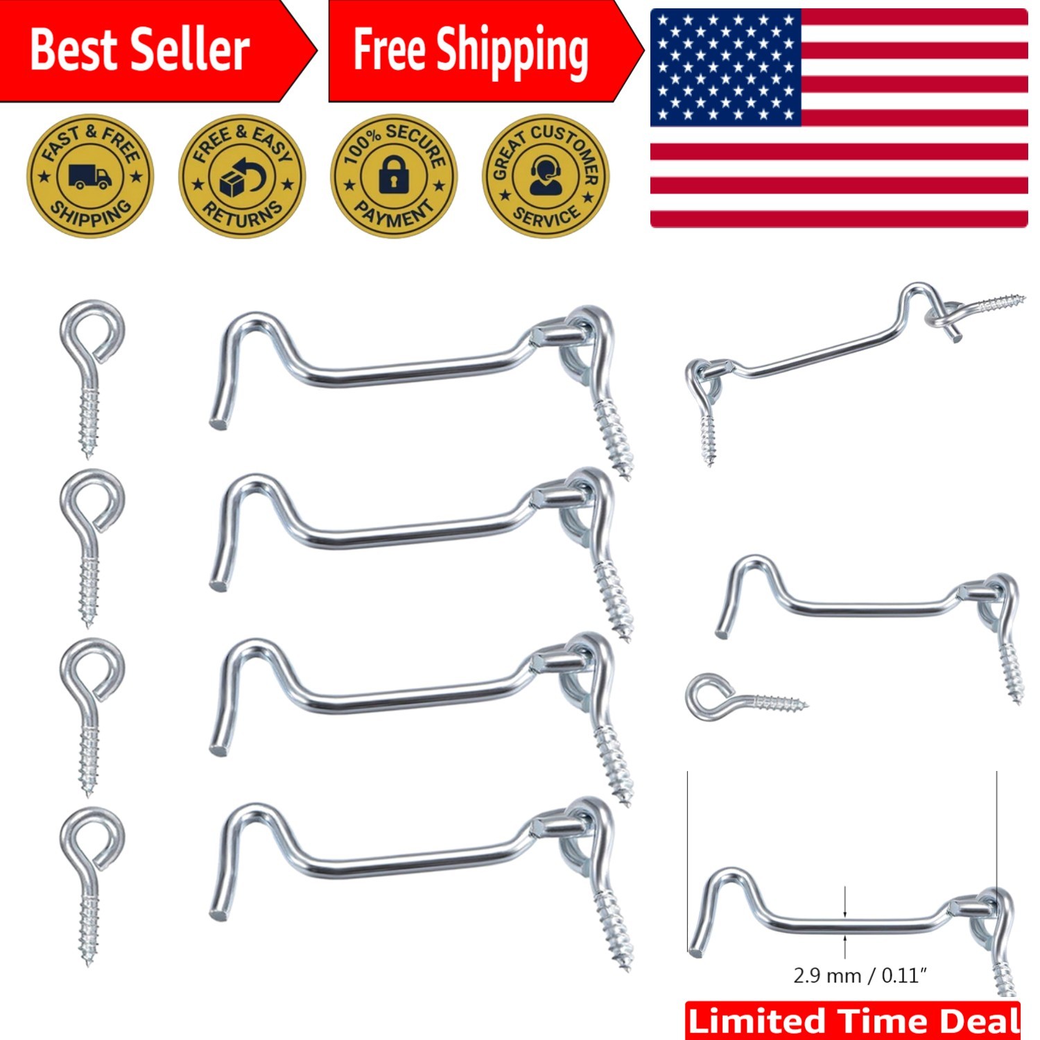 Versatile 4-Pack 3-Inch Door Hook Latch – Rustproof Silver for Indoor & Outdoor