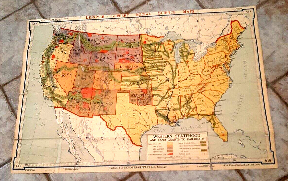 Denoyer-Geppert Social Science Map A18 Western Statehood and Land Grants 1940