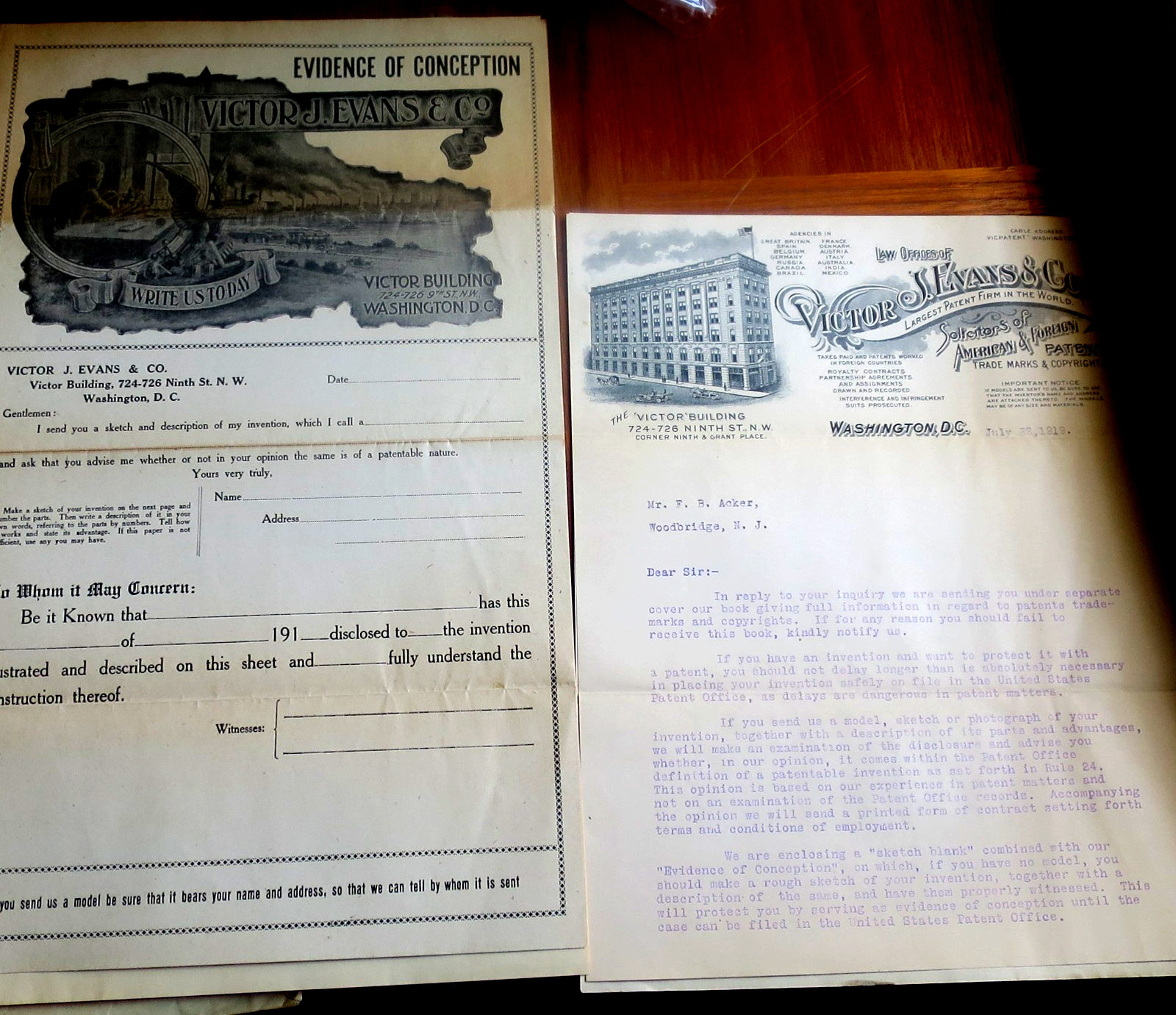 Antik 1919 Law Office Victor J Evans Co American Foreign Patents Letter Contract