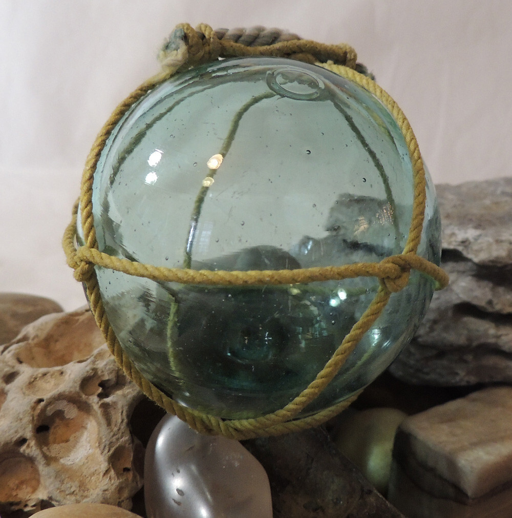 Vintage Japanese Glass FISHING FLOAT.. Net, Sky Blue & Rare Maker’s Mark (#12)
