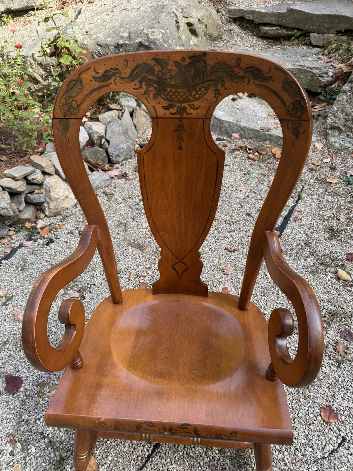 Beautiful Vintage Balloon Back Maple Wood Rocking Arm Chair.
