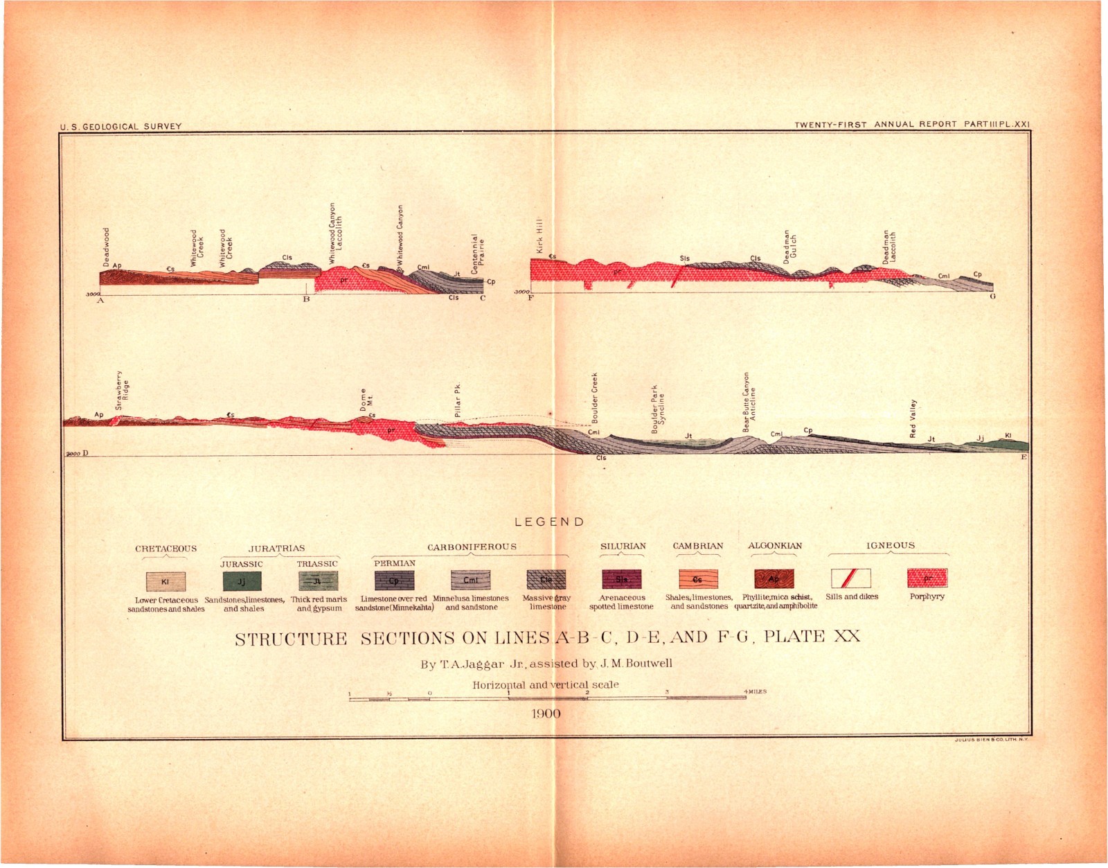 Deadwood Region South Dakota Map-Structure Sections-Original Geology Print 1900