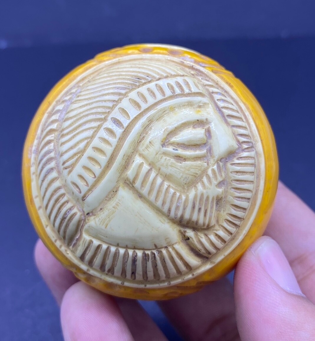 Natural Sandalos Amber Near Eastern Bactrian Double Face Engraved Antique Ball