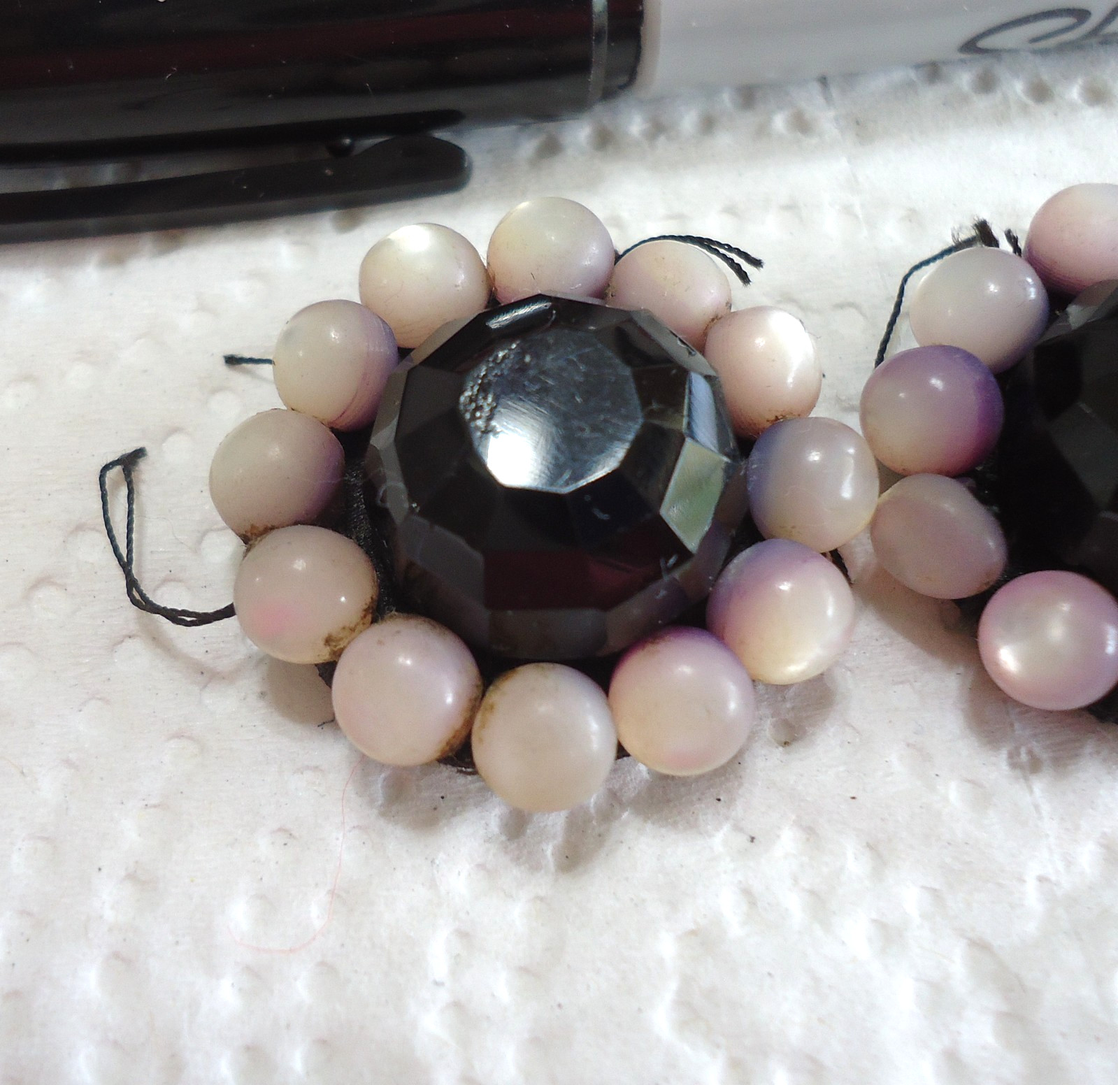 Lot of 2 Antique Black Glass & Pearl Passementerie Buttons 1 1/8″