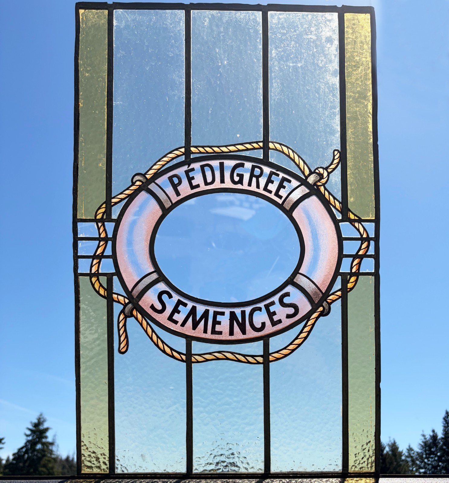25″ Tall Vintage Belgian/Flanders Stained/Leaded Glass Panel “Pedigree Semences”