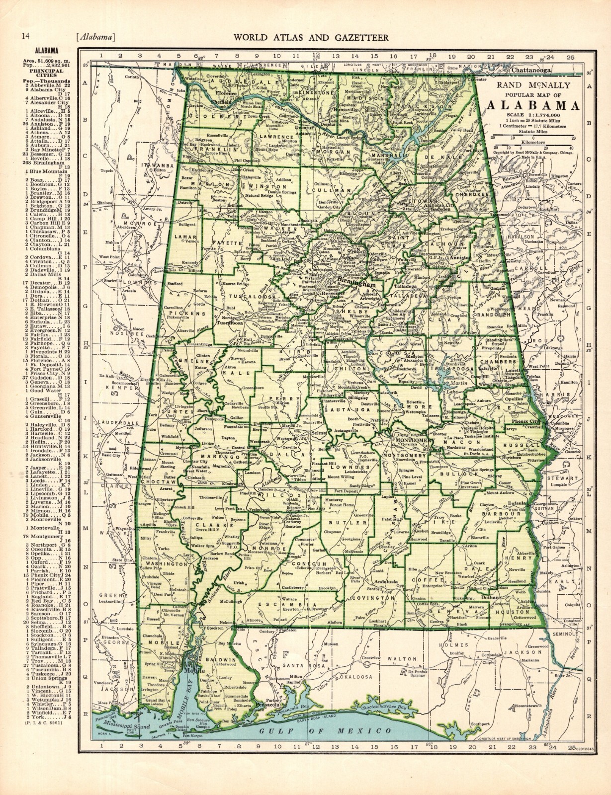 1943 Antique Alabama State Map Original Vintage Map of Alabama Wall Art 2583