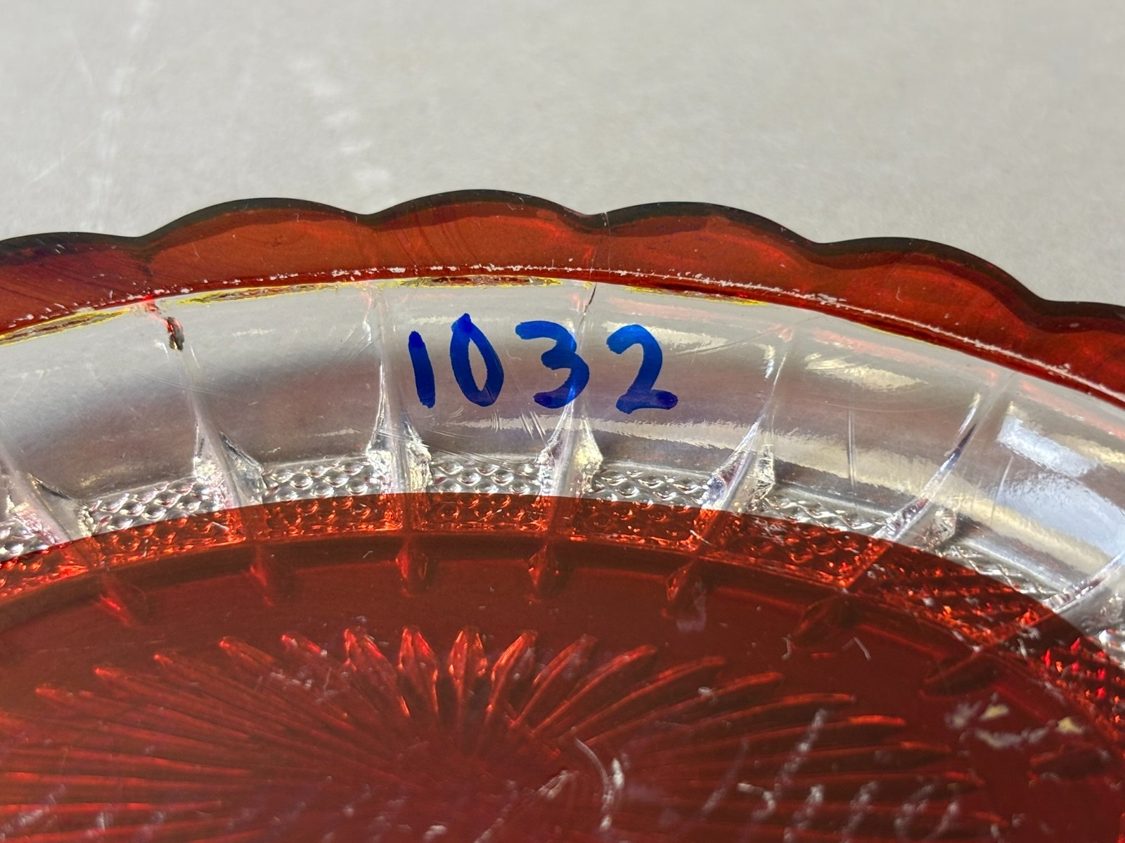 #1032 Antique BRYAN OHIO Ruby Red Flash Souvenir Glass CANDY DISH