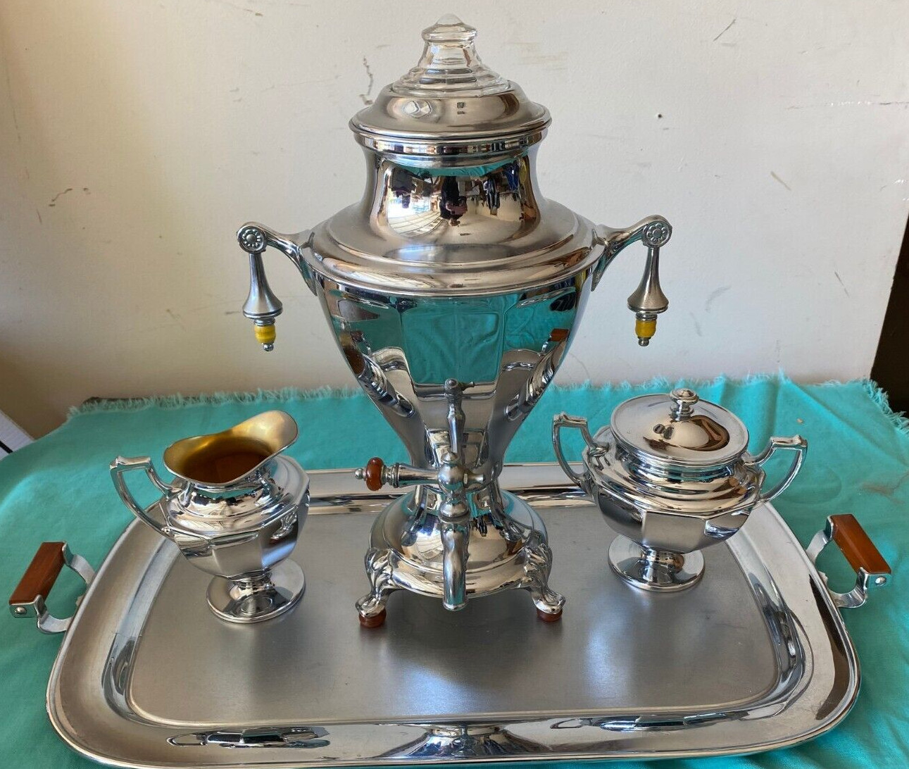 1930’s Manning Bowman Coffee Perculator Set Sugar Creamer & Tray W/Agate Handles