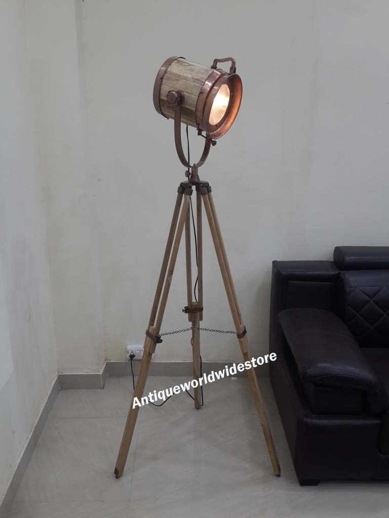 Vintage Natural Tripod Floor Table Lamp – Modern Adjustable Height Wooden Stand