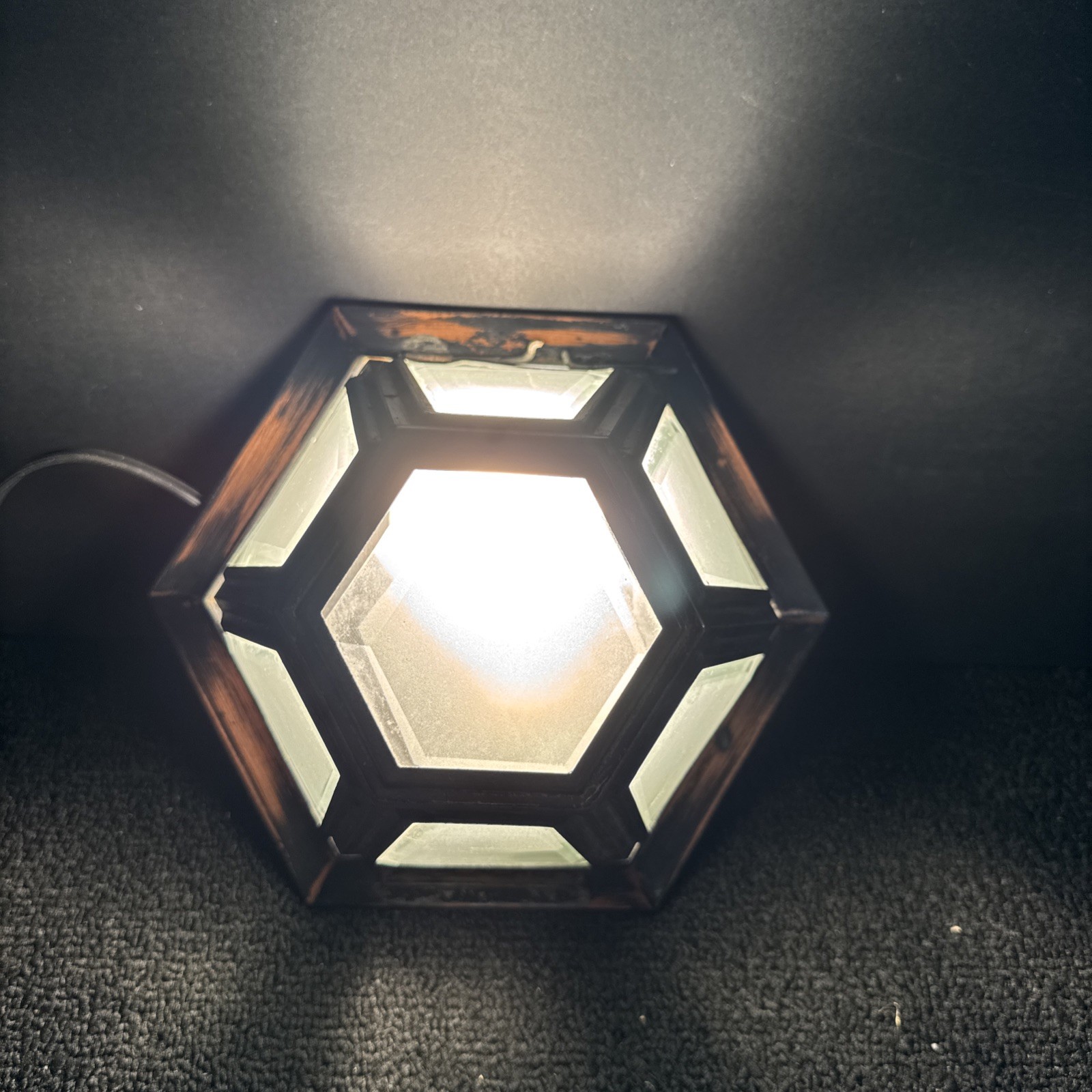 Small 6 Sided Mid Century Aged Copper Flush Mount Ceiling Fixture Preowned
