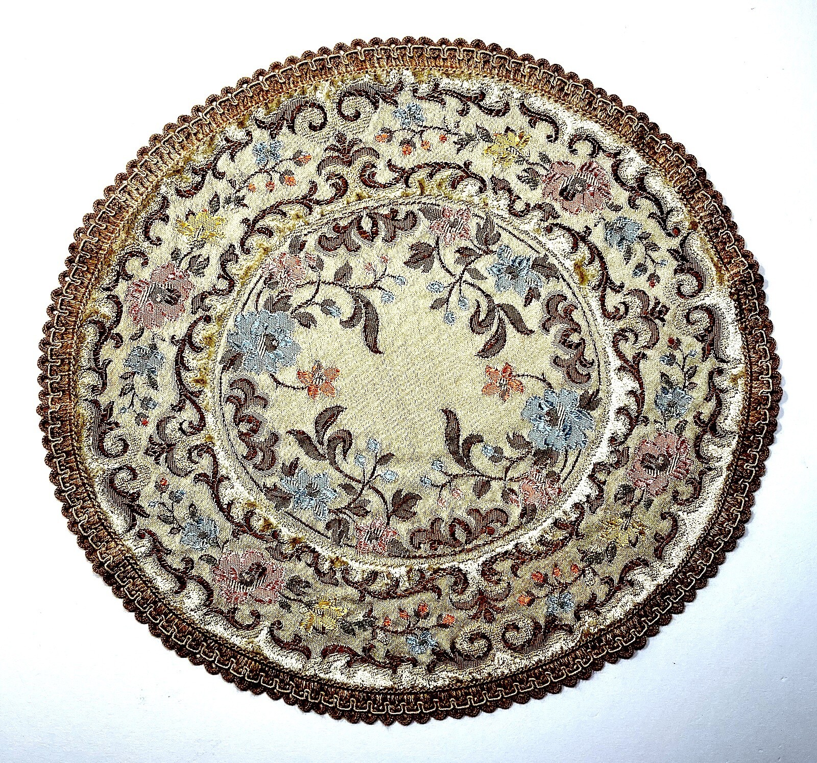 Elegant Fine Brocade-like Tapestry Doily CHATEAU Belgium 13 1/4″ Round
