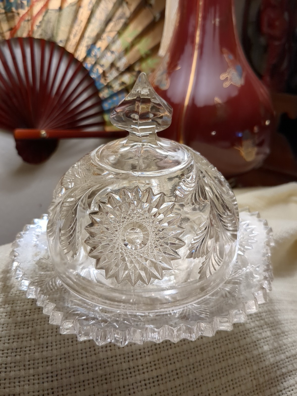 Antique Early American Pattern Glass Lead Crystal Butter Dish 7.5×6″”