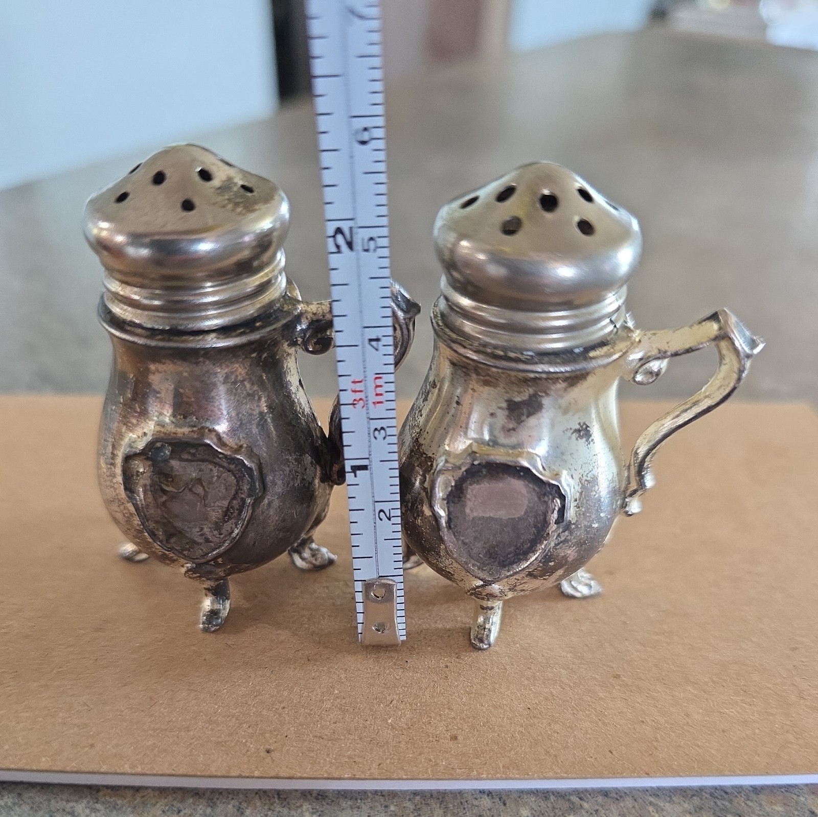 Small SALT PEPPER SHAKERS Tiny Mini Feet & Handles STERLING SILVER Antique 2.5″