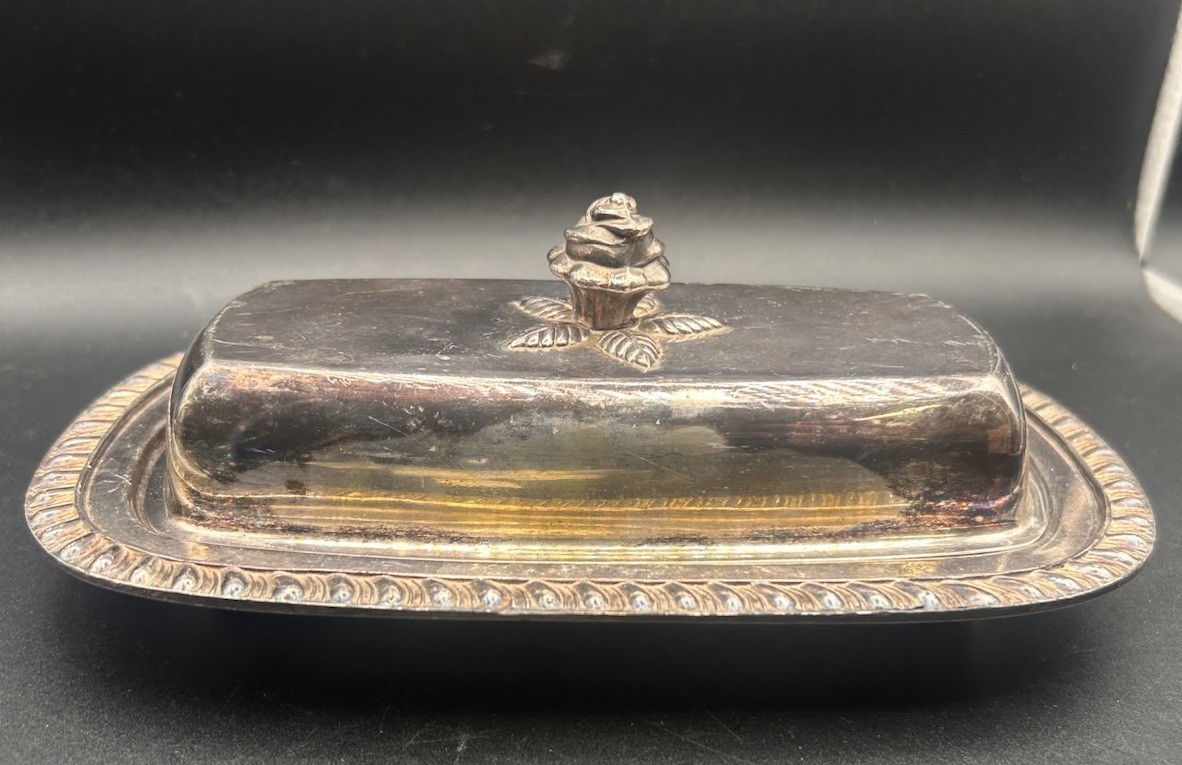 Vintage Silver plate Copper Butter Dish F.B. Rogers Silver Co. 1959 Rose Finial