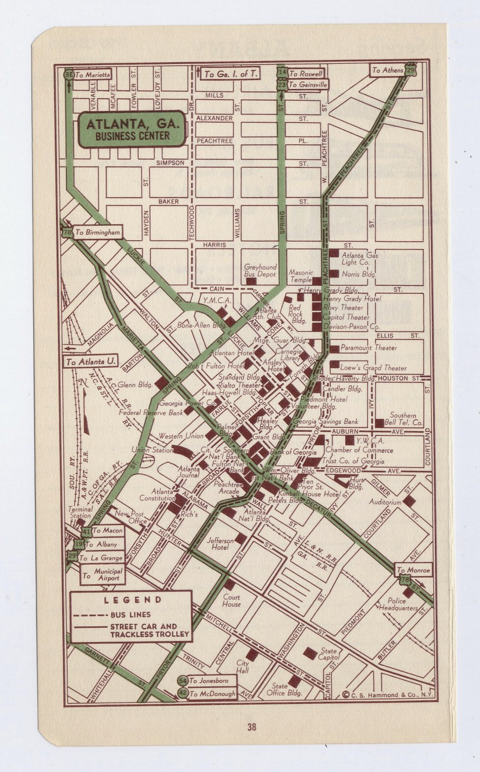 1951 ORIGINAL VINTAGE MAP OF ATLANTA GEORGIA DOWNTOWN BUSINESS CENTER