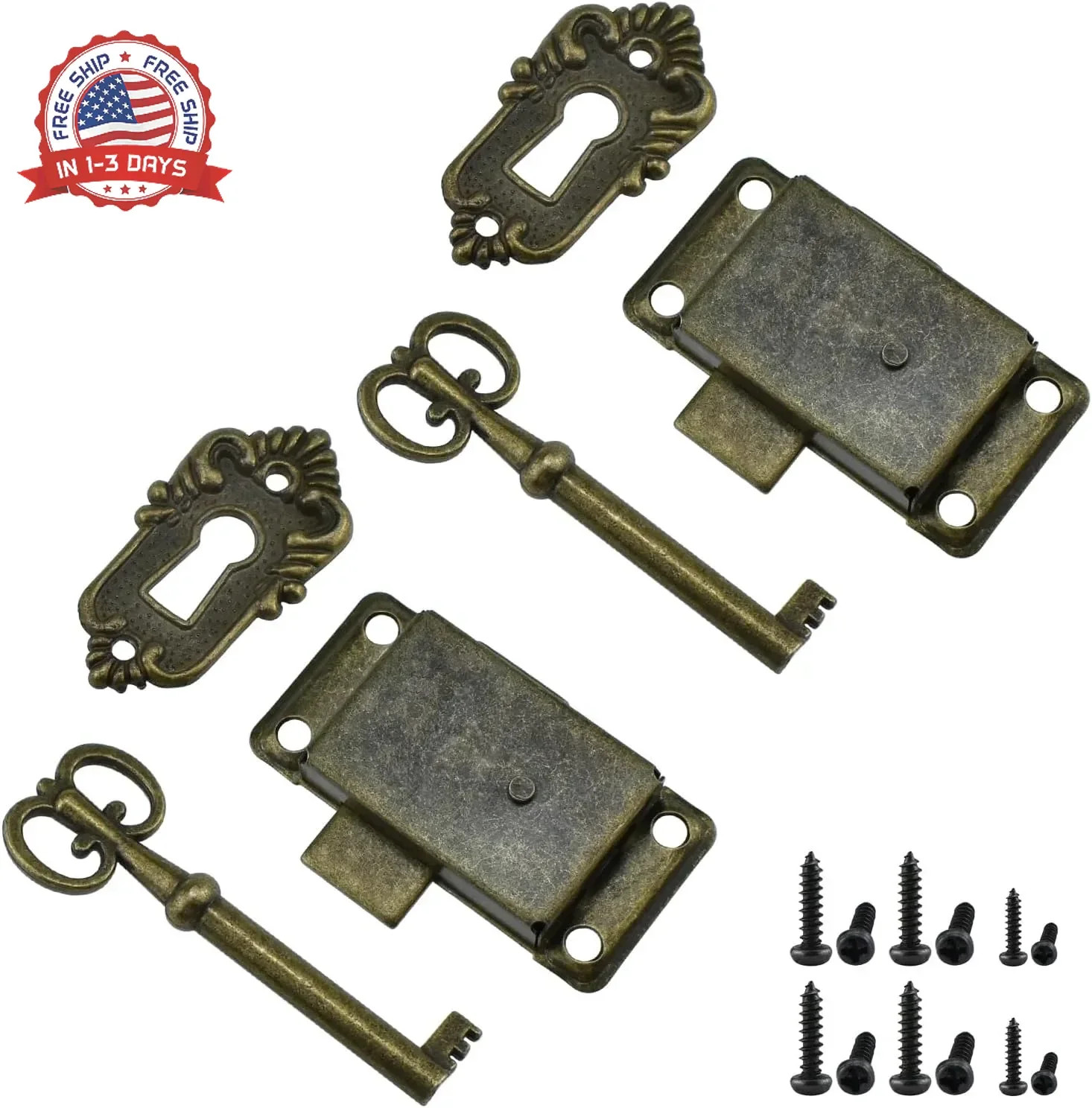2Pcs Bronze Antique Cabinet Lock, Furniture Decorative Lock with Skeleton Keys a