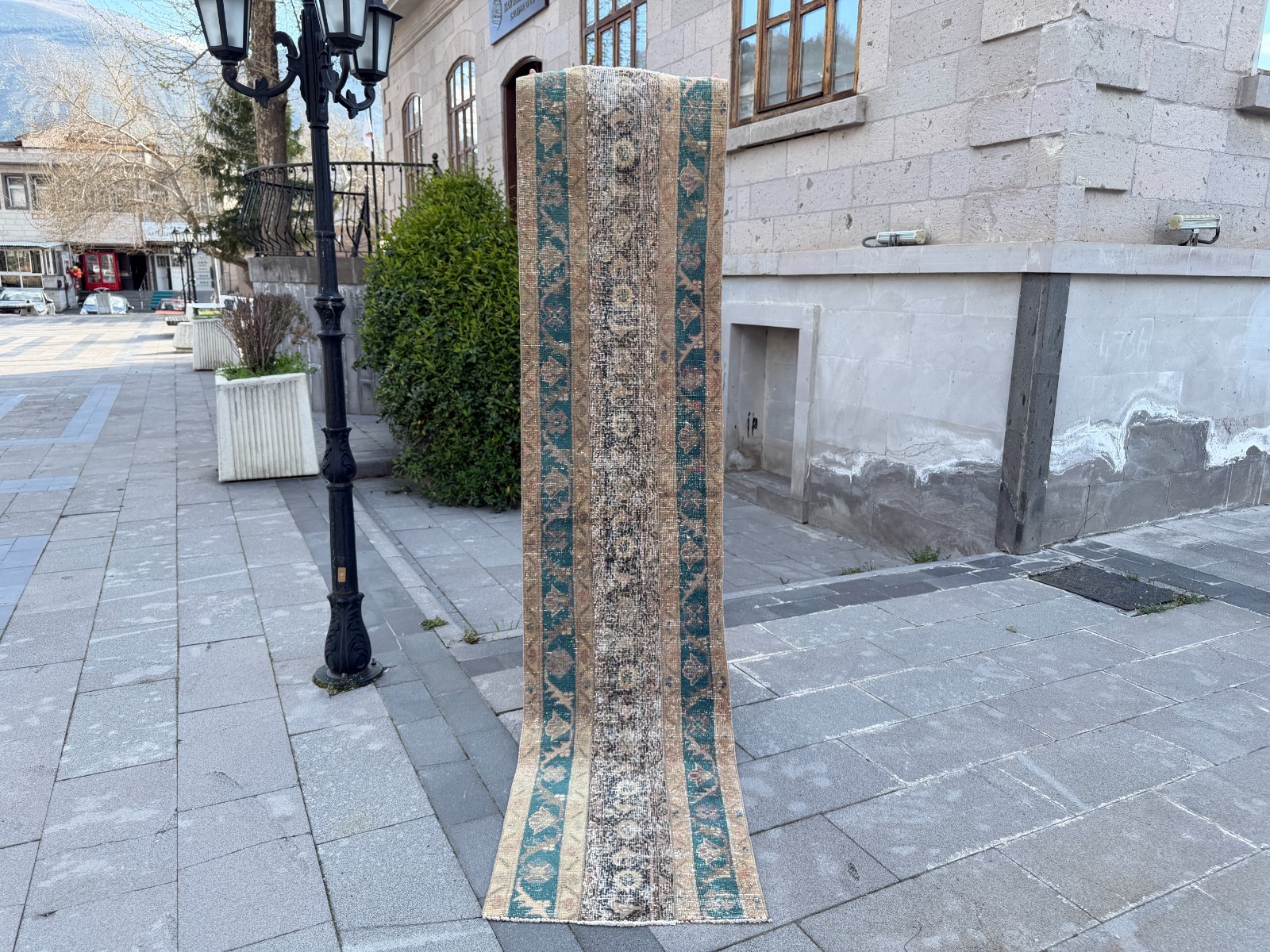Vintage Oushak Runner Rug 2.1×9.2 ft Wool Turkish Turquoise Brown Hallway Rug