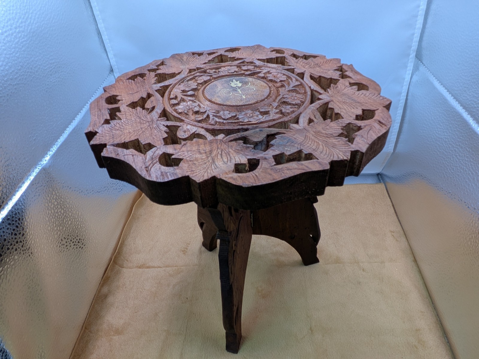 Vintage Wood Carved Folding Plant Stand Side Table From India 9.5 Inches Tall X9
