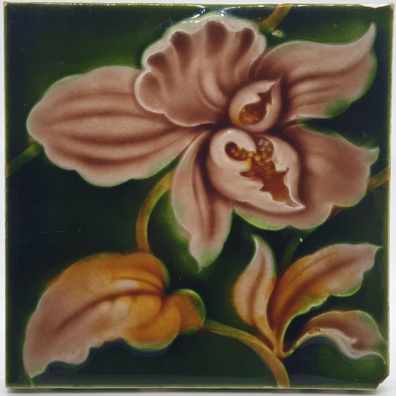Art Nouveau Fireplace Tile Green Majolica Floral Design Henry Richards C1905