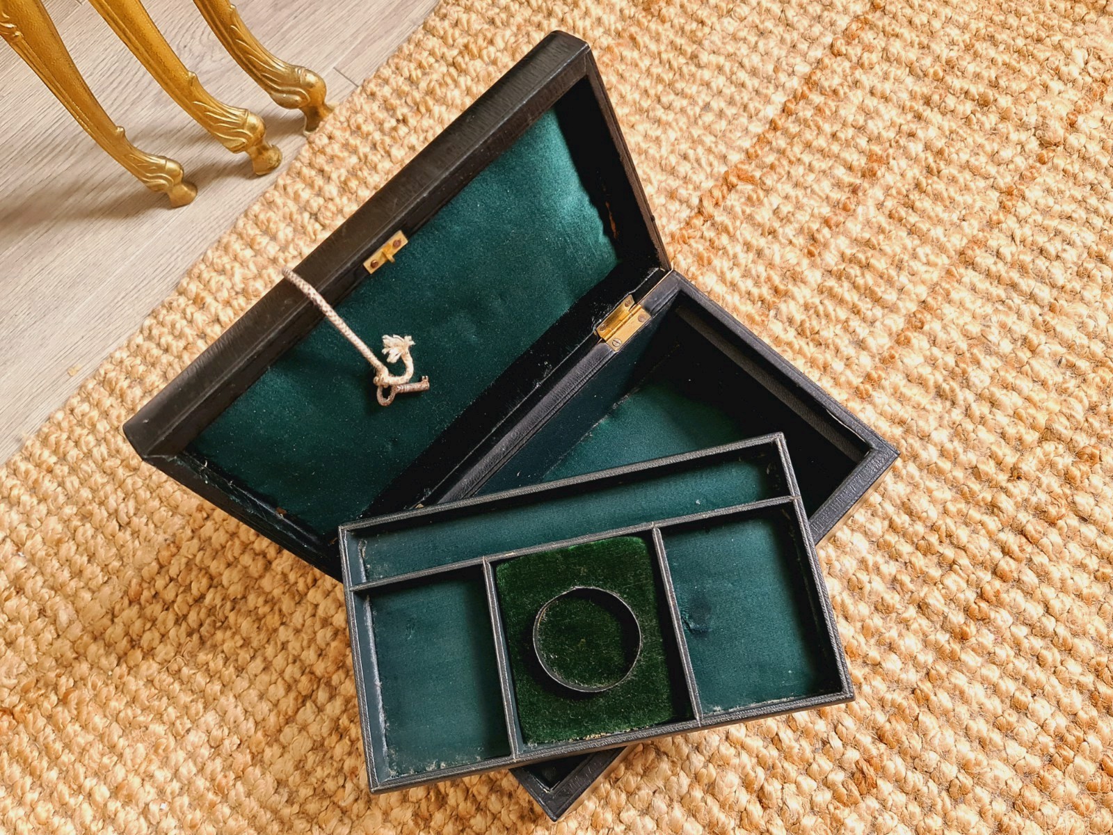 Antique Leather Trim Box Jewellery Trinket Case Victorian Black with Key