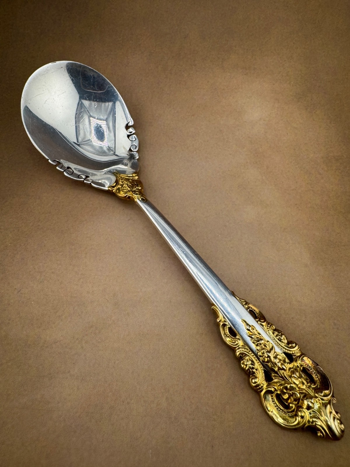 Grande Baroque Gold Accented Sterling Silver Sugar Spoon 6-1/8″ 51grams