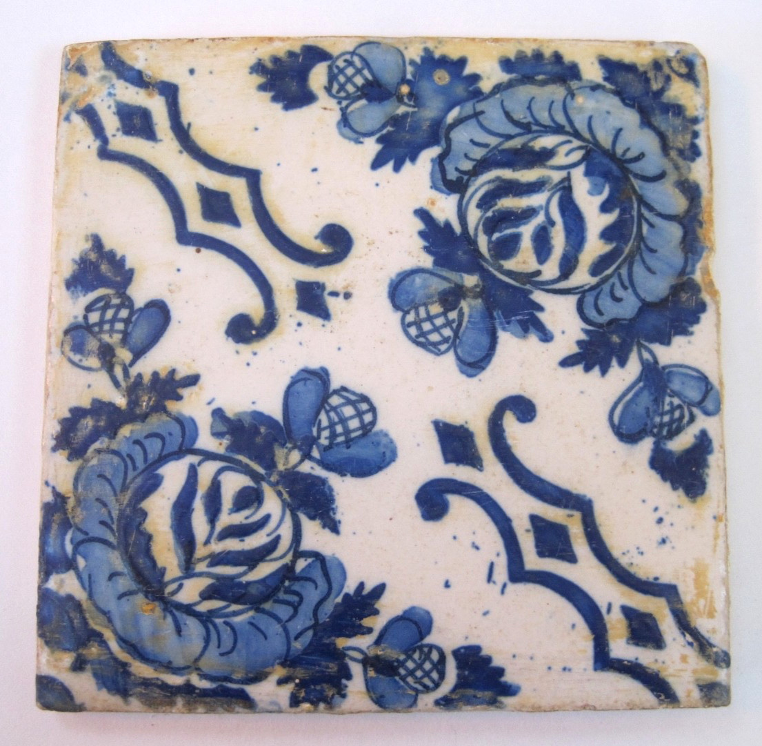 ANTIQUE 17th C DELFT Blue/ White TILE Decorative FLORAL Fireplace/Wall