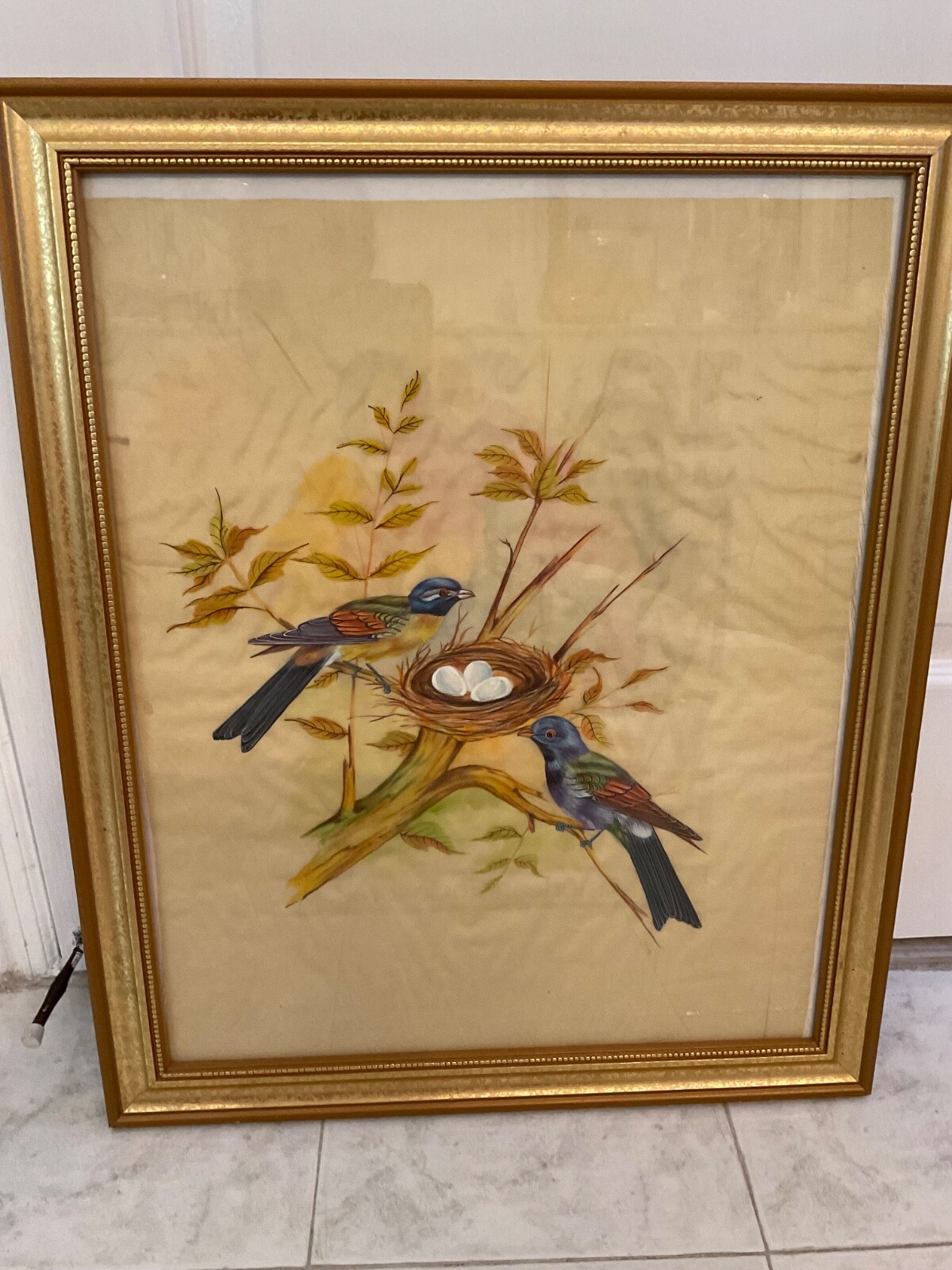 BEAUTIFUL HAND PAINTED ON SILK BIRD ON TREE WITH NEST FRAMED 19” X 15”