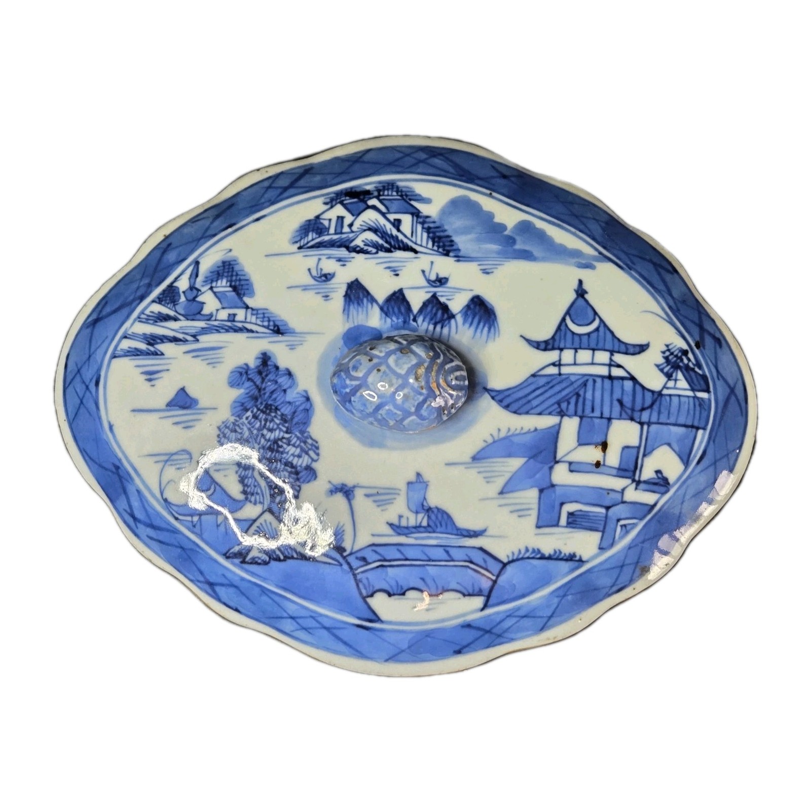 19th C. Chinese Export Canton Ware Blue White Porcelain Tureen Serving Dish LID