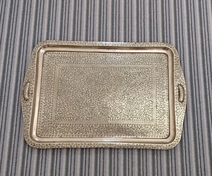 Large Vintage Brass Engraved Tray Rectangular With Handles Leaf & Flower Design