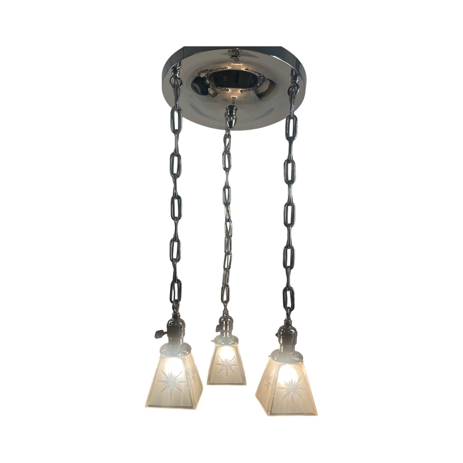VL1229 Antique Craftsman c1910 3-Light Nickel Pan Fixture Period Shades Restored