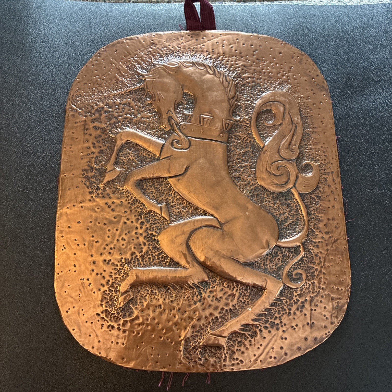 Arts & Crafts Hammered Copper Unicorn Plaque
