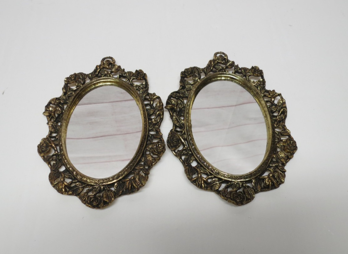 Set of 2 Vintage Ornate Gold Tone Filigree Floral Metal Frame Oval Mirror 6-1/2″