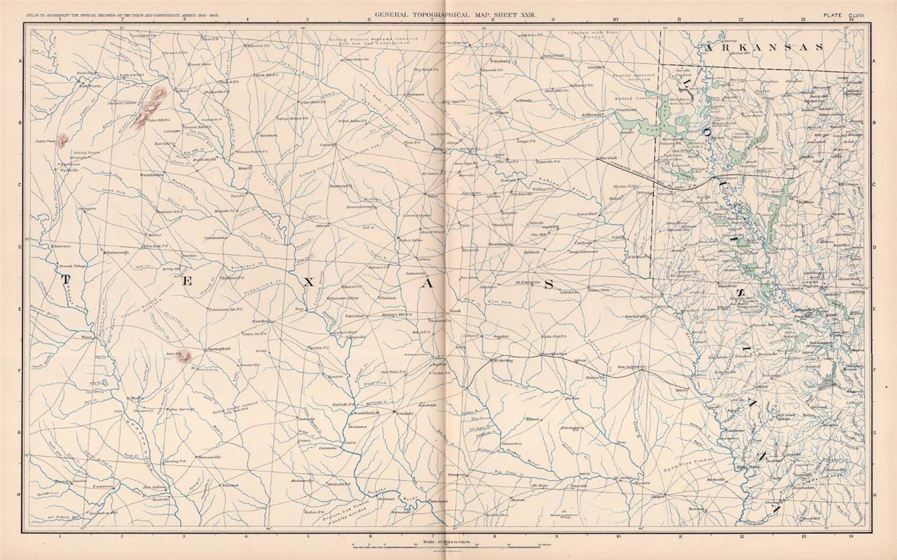 1894 CIVIL WAR OFFICIAL RECORDS ATLAS MAP-TEXAS-LOUISIANA-TOPOGRAPHY-PL 158