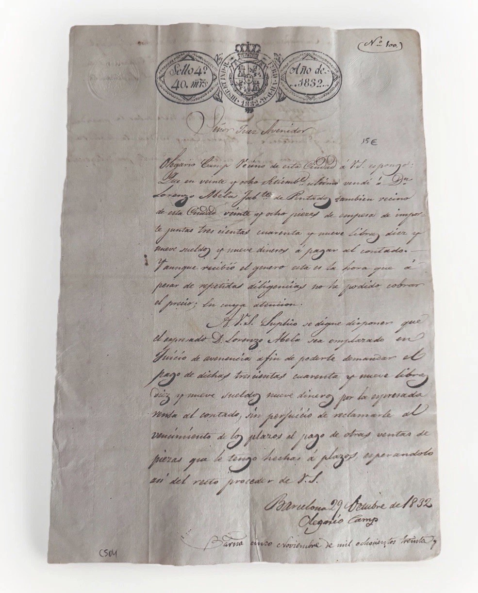 19thC Spain Manuscript 1832 Document Letter Barcelona Revenue Stamp Sello