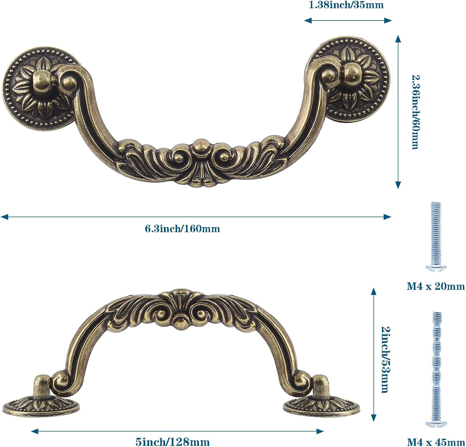 6PCS Antique Drop Bail Pulls 5 Hole Center Vintage Bronze Drawer Cabinet Handles