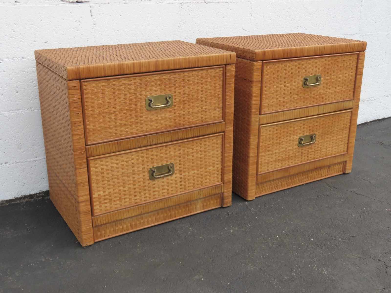 Dixie Hollywood Regency Woven Rattan Bamboo Nightstands a Pair 6438