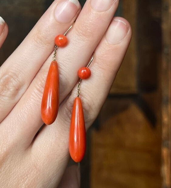 Vintage 18 Ct Coral Drop-Dangle Earrings 14K Yellow Gold Plated Sterling Silver