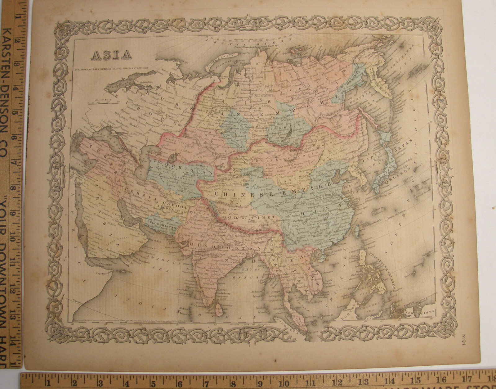 ANTIQUE 1859 COLTON’S ATLAS HAND COLORED ENGRAVING MAP OF ASIA