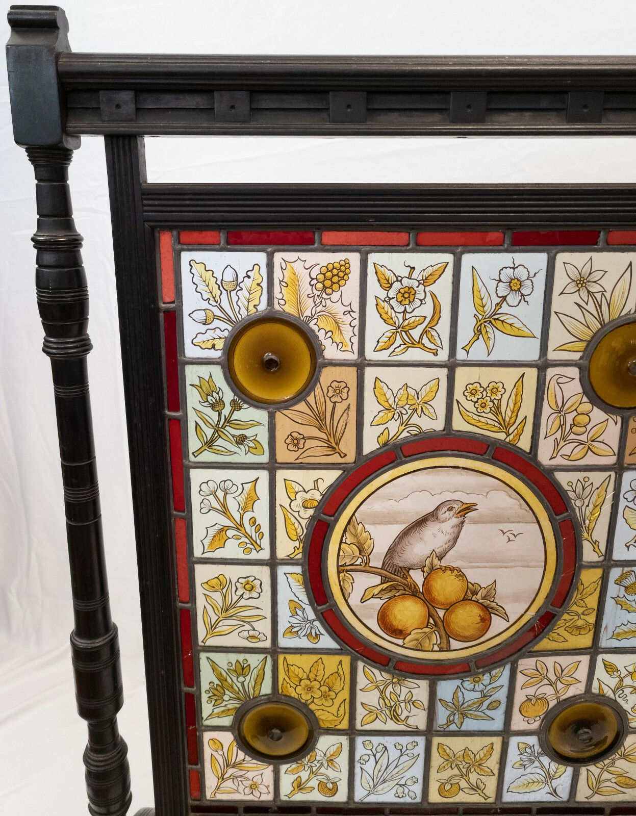 Antique Victorian Aesthetic Stained Glass and Ebonized Wood Fire Screen