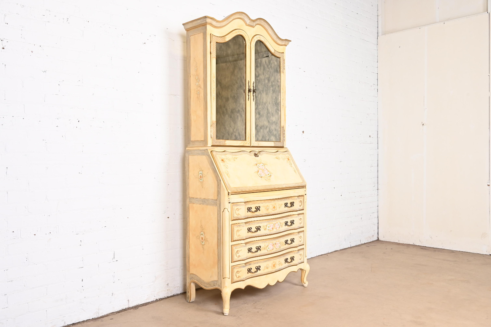 Maddox Hand Painted Secretary Desk With Mirrored Bookcase Hutch Top