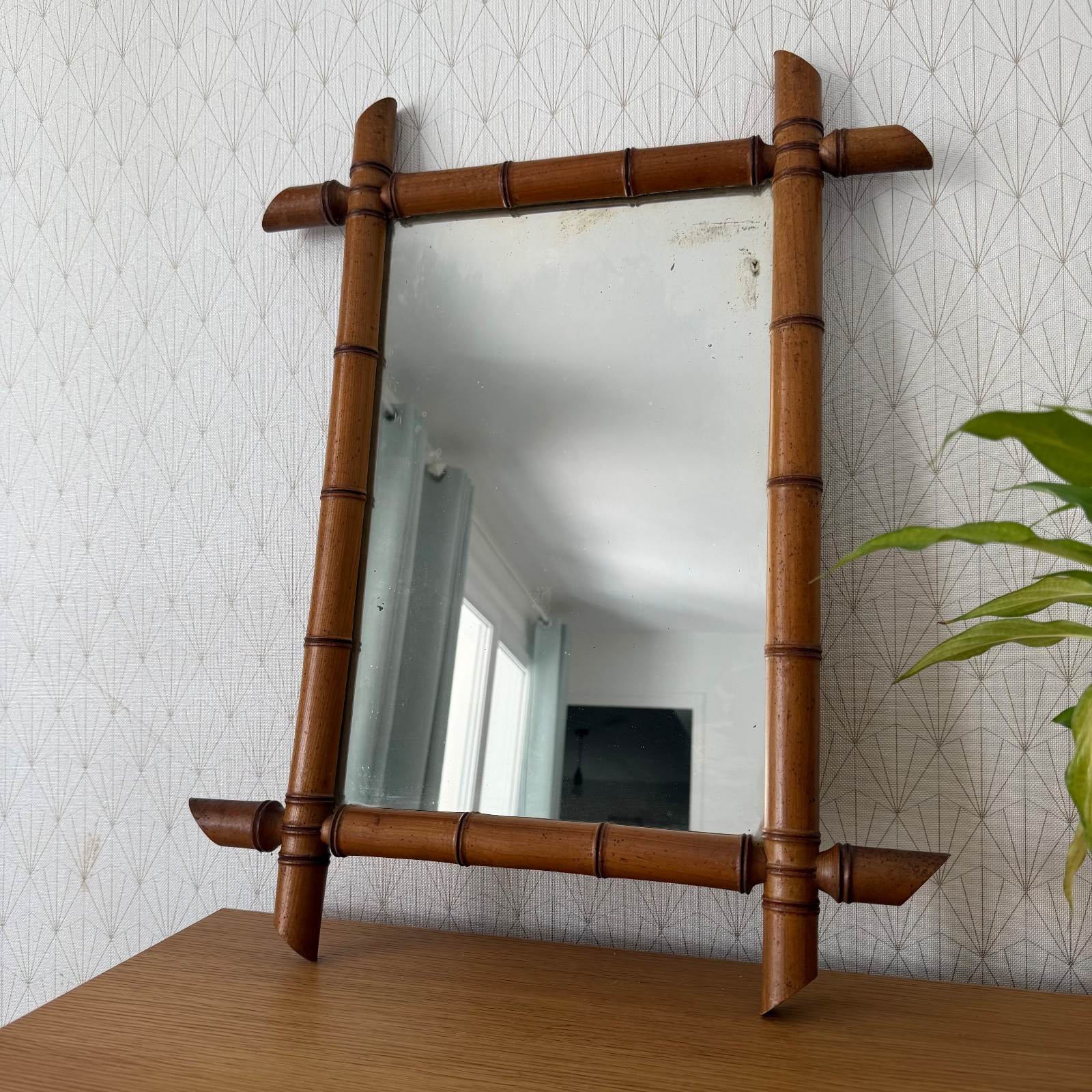 Vintage French Faux Bamboo Wall Mirror Wood Frame 19″ x 25″ 25052611