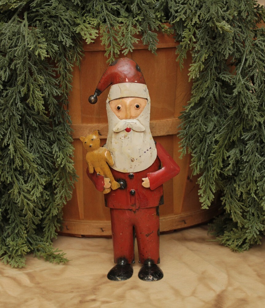 NEW PRIMITIVE 10.5″ Tall SANTA w/ TEDDY BEAR Repurposed METAL Figurine Christmas