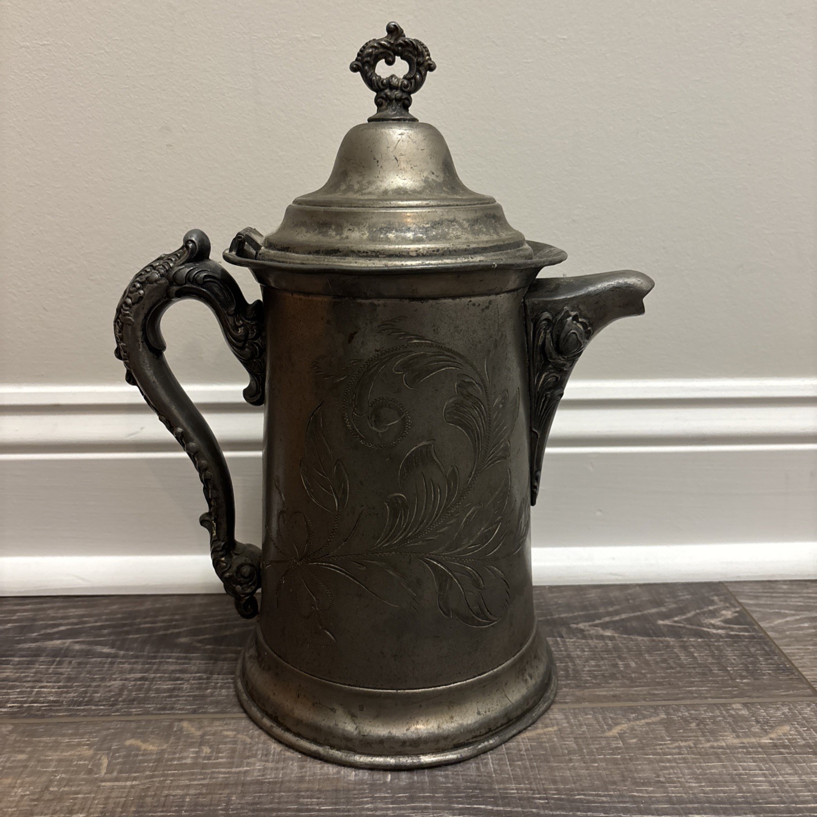 Vtg Made In USA Sheffield Plate Silver 1016 (Pewter?) water pitcher Ornate Rose
