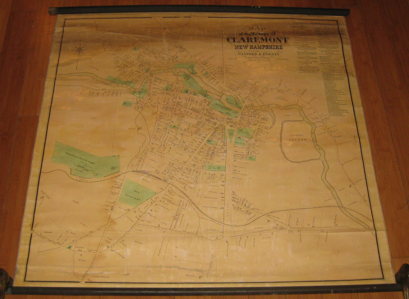 Antique 1873 ‘MAP of the Village of CLAREMONT NEW HAMPSHIRE’ Sanford Everts MAP