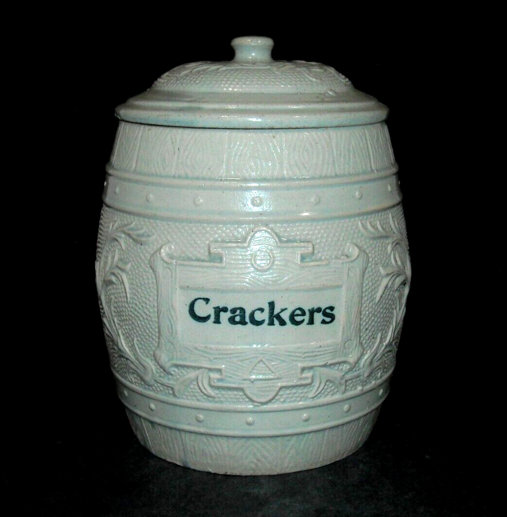 Antique Flemish CRACKERS Canister w/Lid Robinson Clay Akron OH Stoneware RCPC