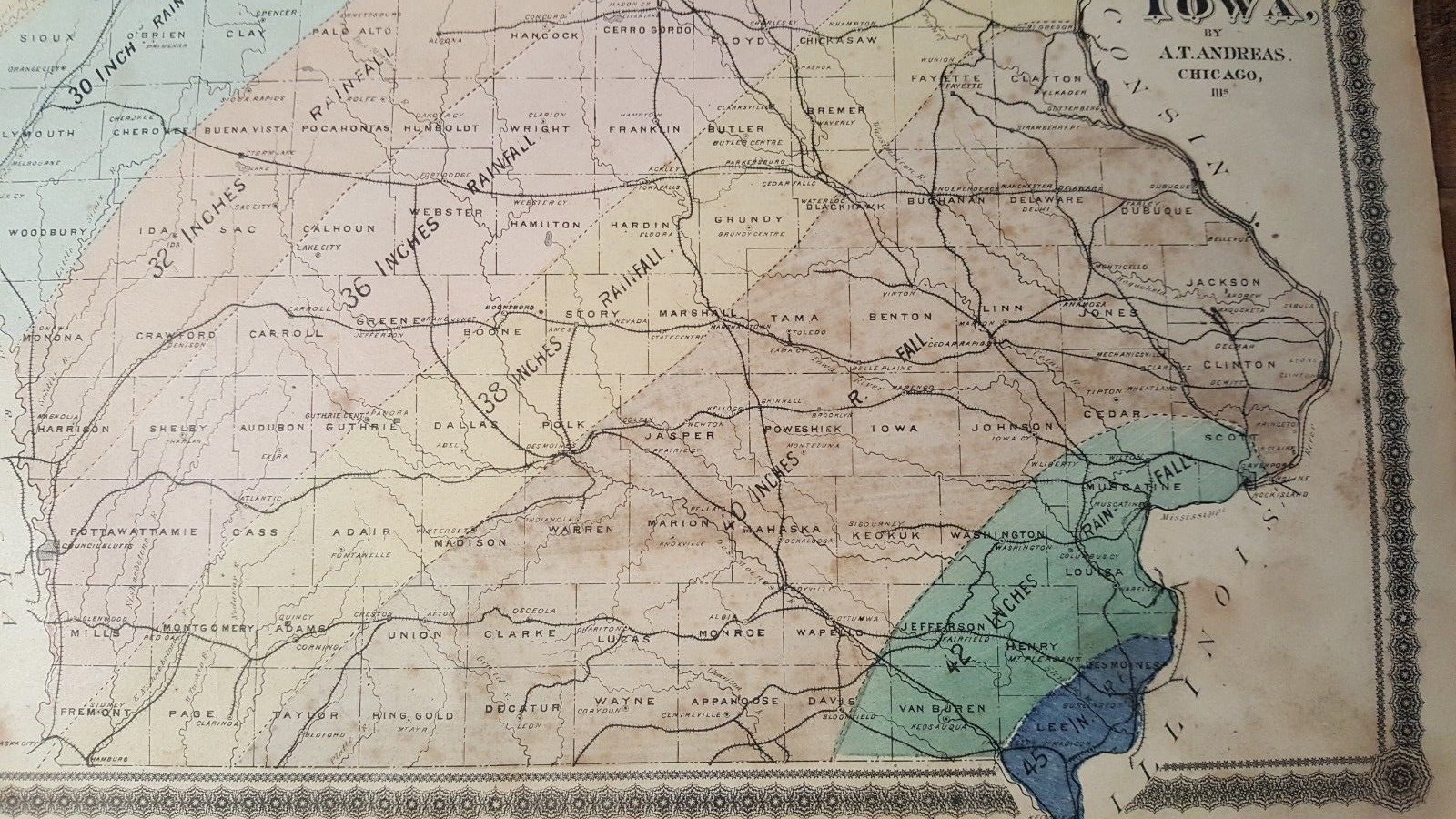Antique – Geological & Climatological MAP OF IOWA – Andreas Atlas Co. 1875