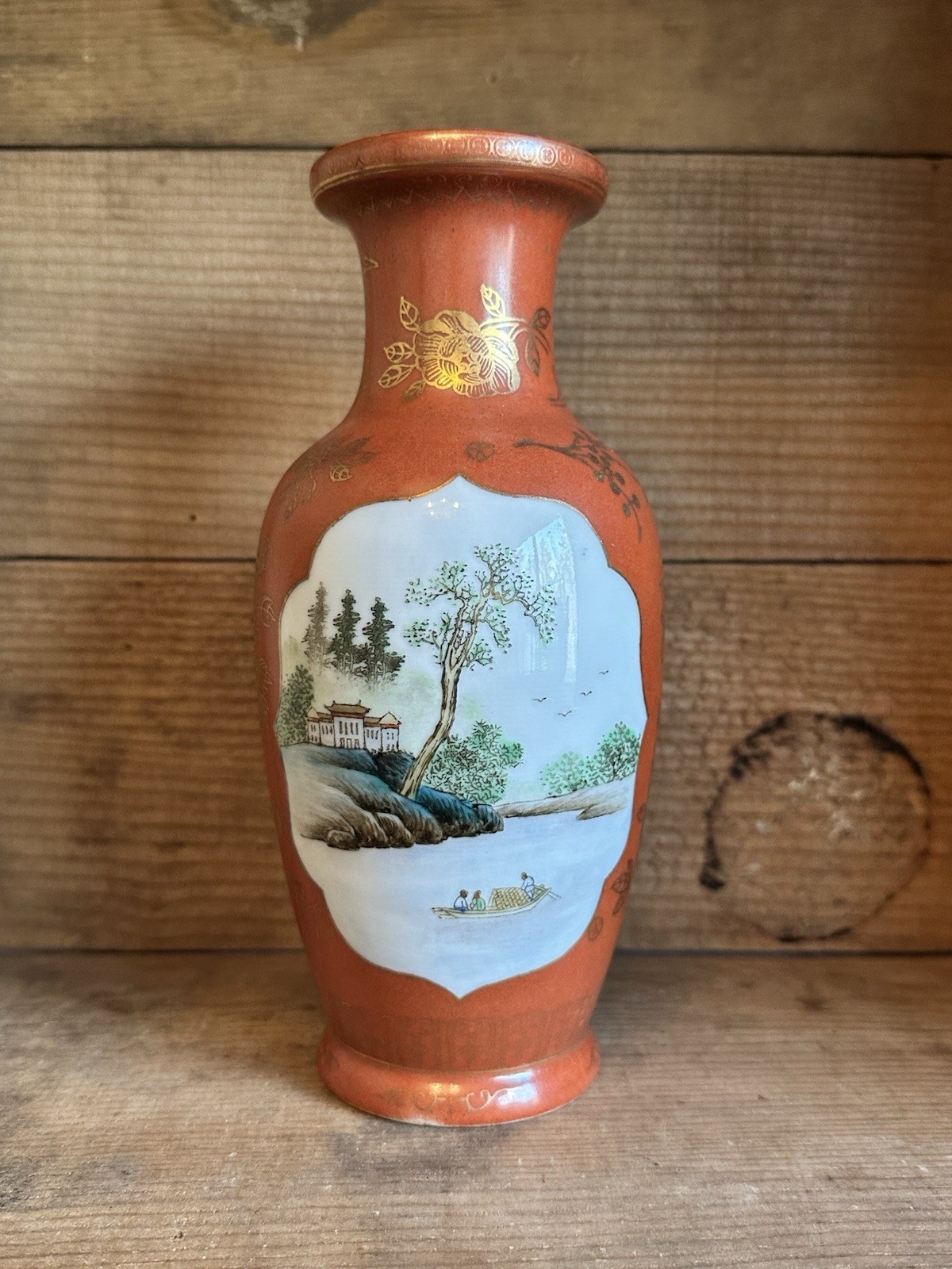 Antique Chinese Porcelain Vase 8” Iron Red Ground Landscape Apocryphal Chenghua