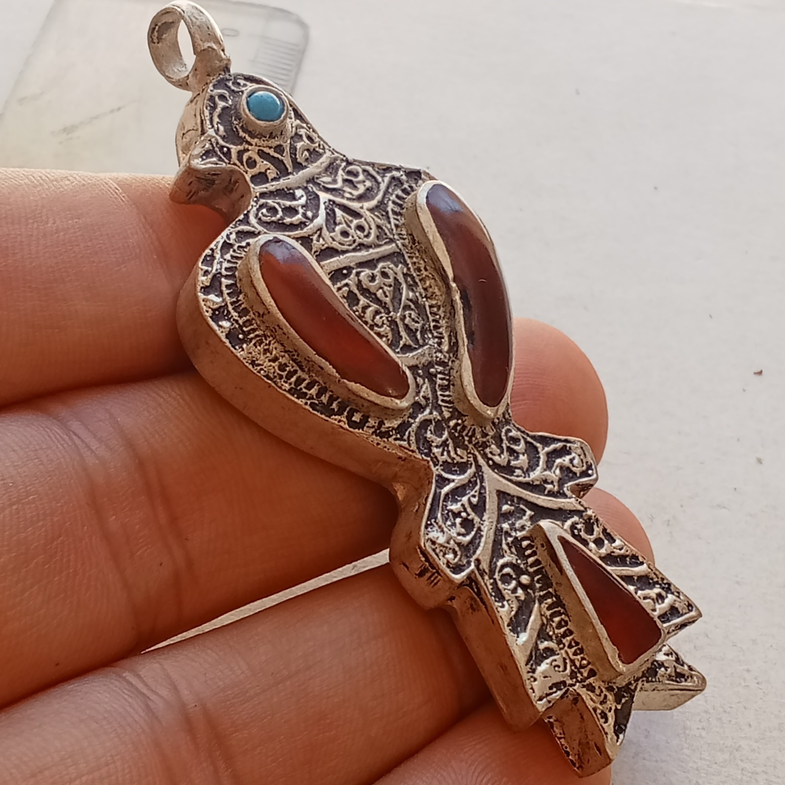 STUNNING EXTREMELY ANCIENT ISLAMIC SILVER EAGLE PENDANT AMULET WITH CORAL STONE