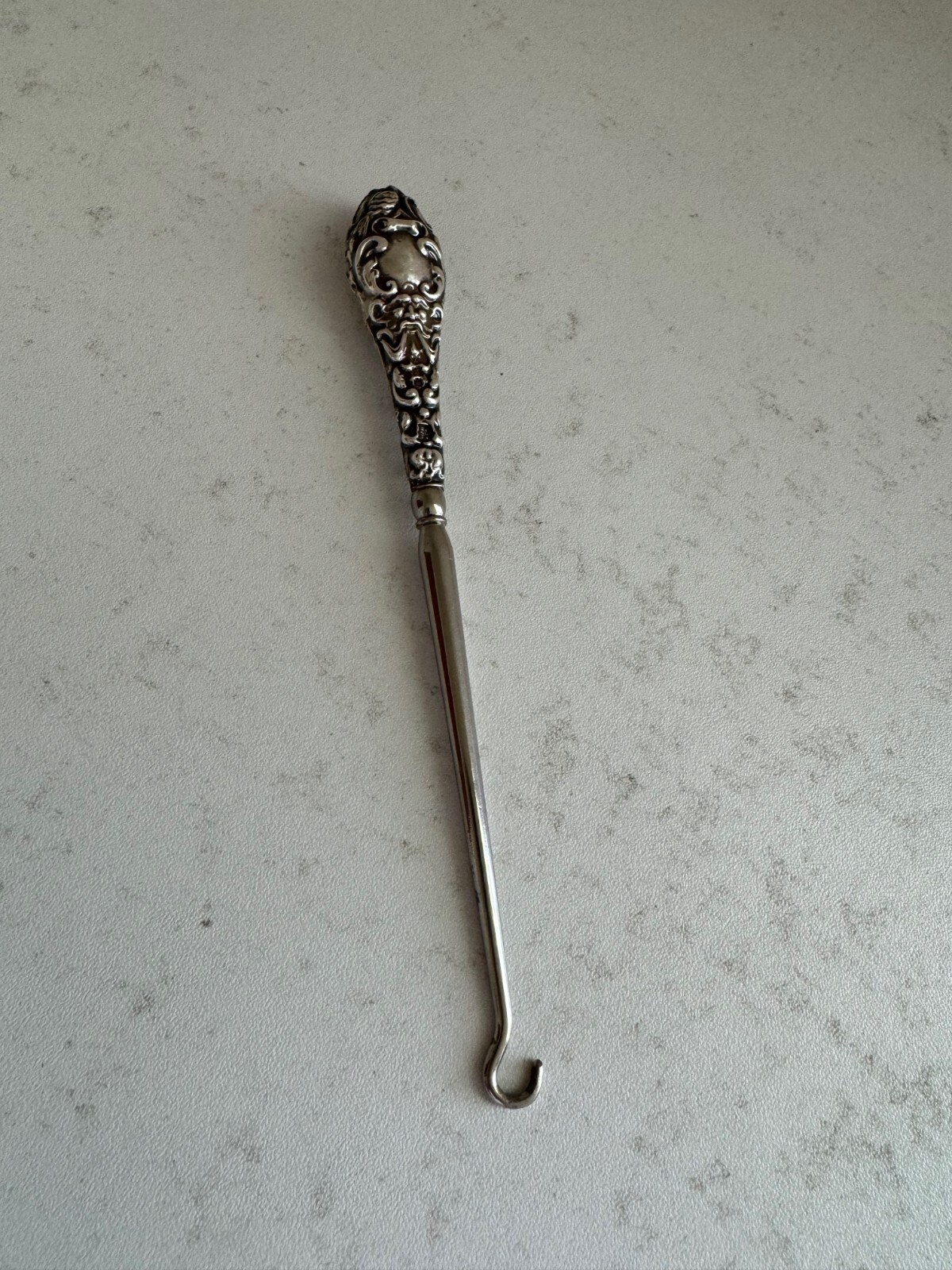 Antique WJ Myatt & Co Sterling Silver Handle Button Hook w/ Face Decoration